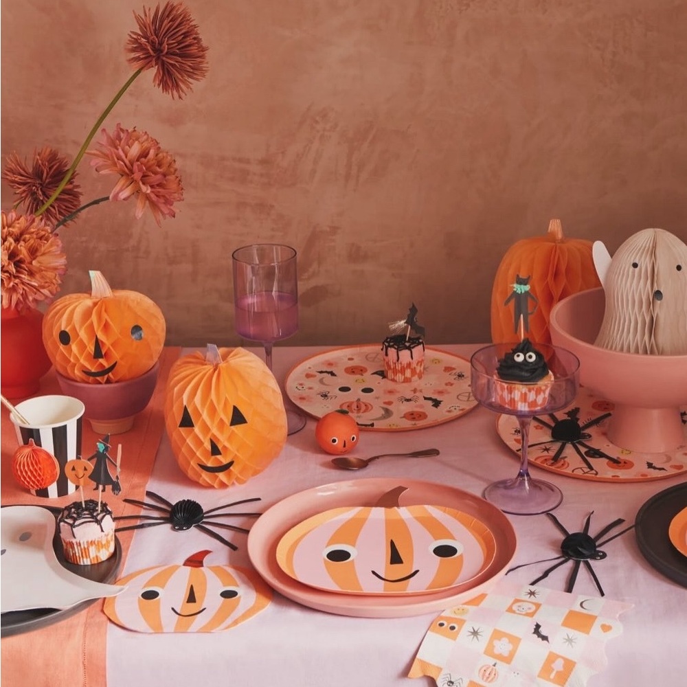 Pink and orange stripe pumpkin paper plate